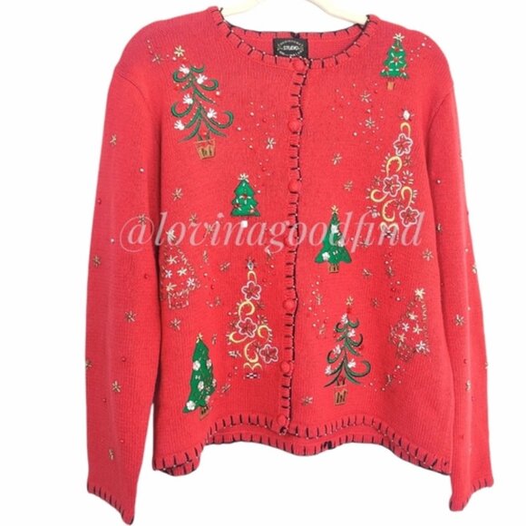 Designer Studios Original Christmas Tree Ugly Christmas Sweater Cardigan EUC L - Picture 1 of 11